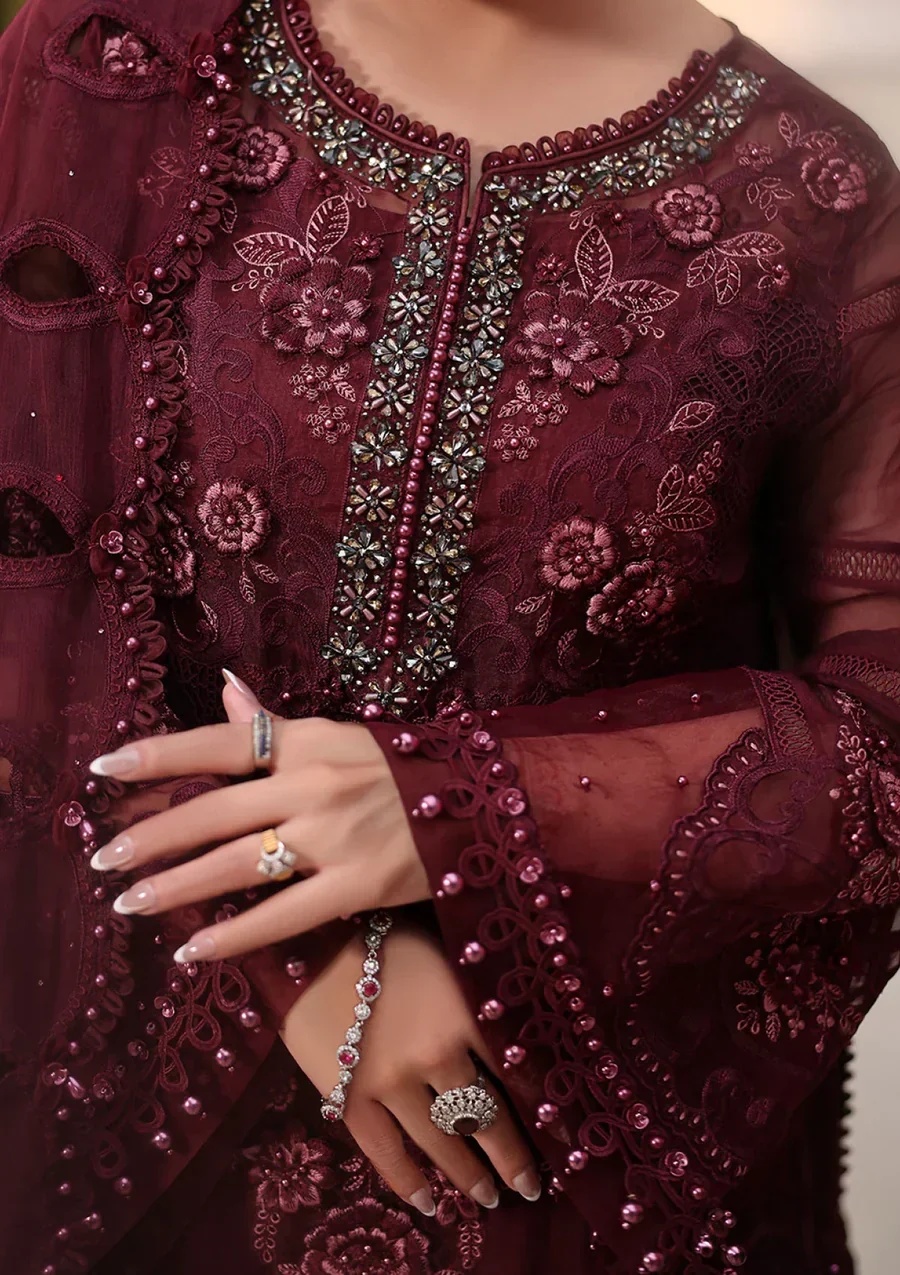 MARIA B Embroidered Chiffon clothing in maroon tones.